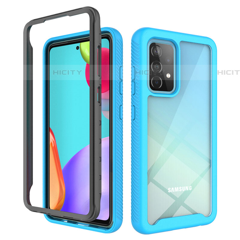 Coque Rebord Contour Silicone et Vitre Transparente Housse Etui 360 Degres JX2 pour Samsung Galaxy A52 5G Bleu Ciel Plus