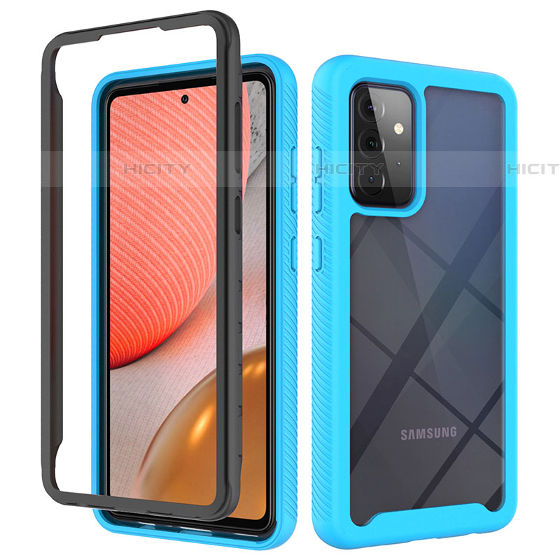 Coque Rebord Contour Silicone et Vitre Transparente Housse Etui 360 Degres JX2 pour Samsung Galaxy A72 4G Bleu Ciel Plus