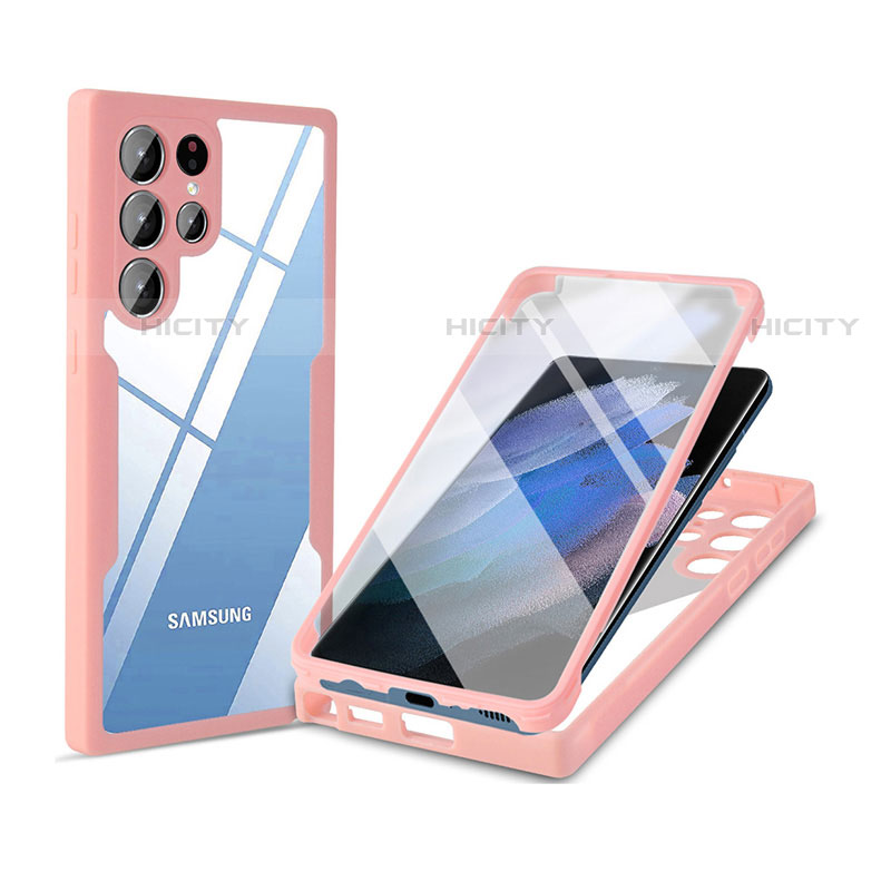 Coque Rebord Contour Silicone et Vitre Transparente Housse Etui 360 Degres M01 pour Samsung Galaxy S21 Ultra 5G Rose Plus