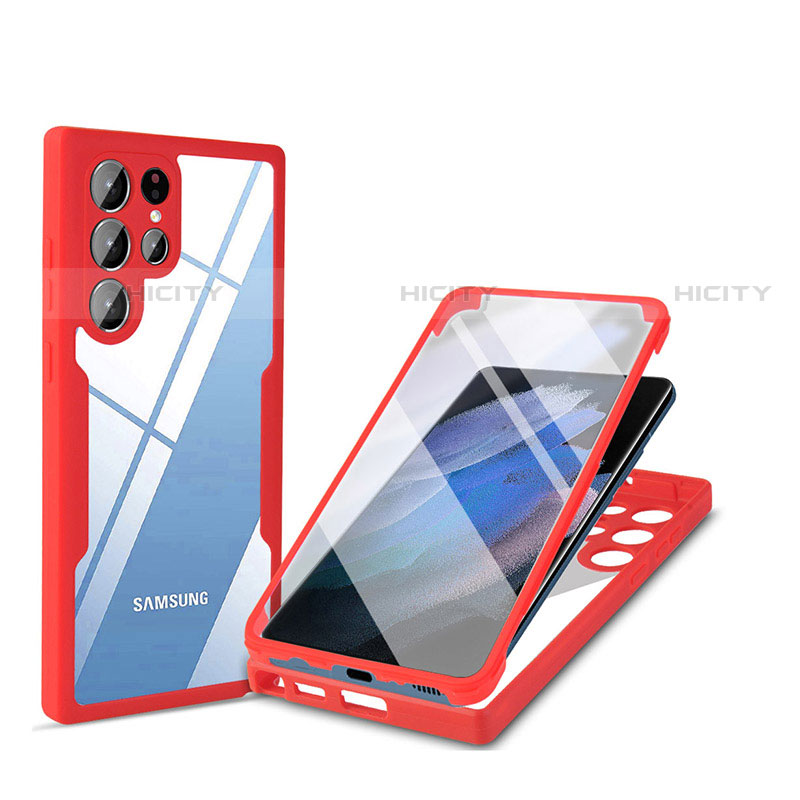 Coque Rebord Contour Silicone et Vitre Transparente Housse Etui 360 Degres M01 pour Samsung Galaxy S21 Ultra 5G Rouge Plus