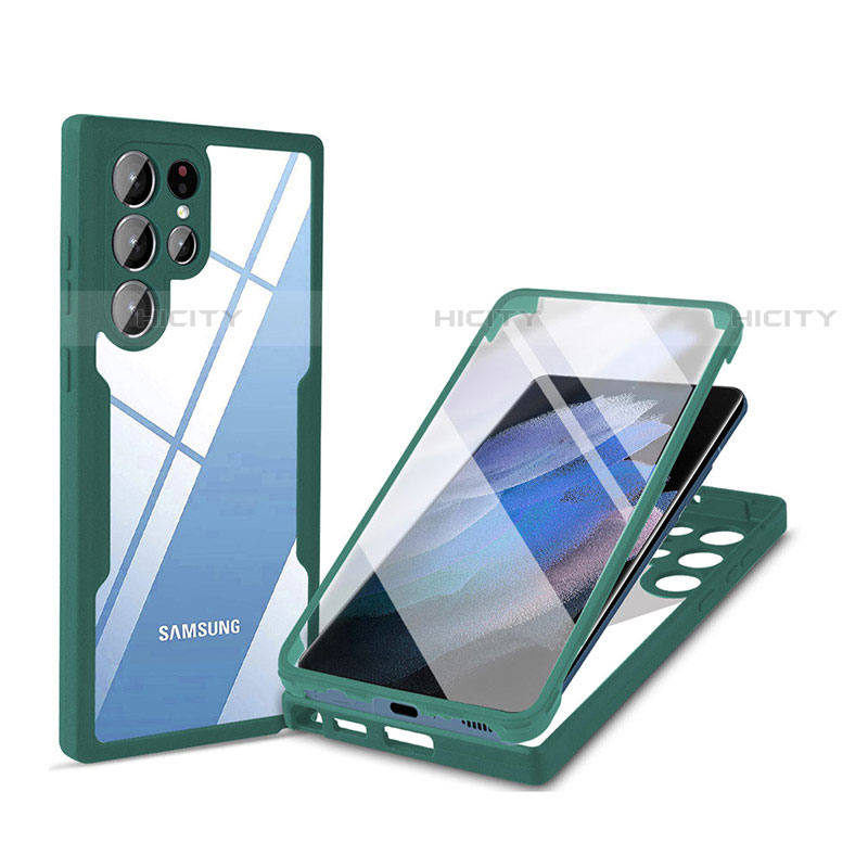 Coque Rebord Contour Silicone et Vitre Transparente Housse Etui 360 Degres M01 pour Samsung Galaxy S21 Ultra 5G Vert Plus