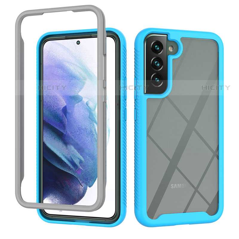 Coque Rebord Contour Silicone et Vitre Transparente Housse Etui 360 Degres M02 pour Samsung Galaxy S21 5G Bleu Ciel Plus