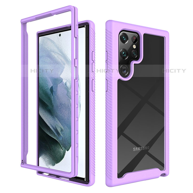 Coque Rebord Contour Silicone et Vitre Transparente Housse Etui 360 Degres M02 pour Samsung Galaxy S21 Ultra 5G Violet Plus