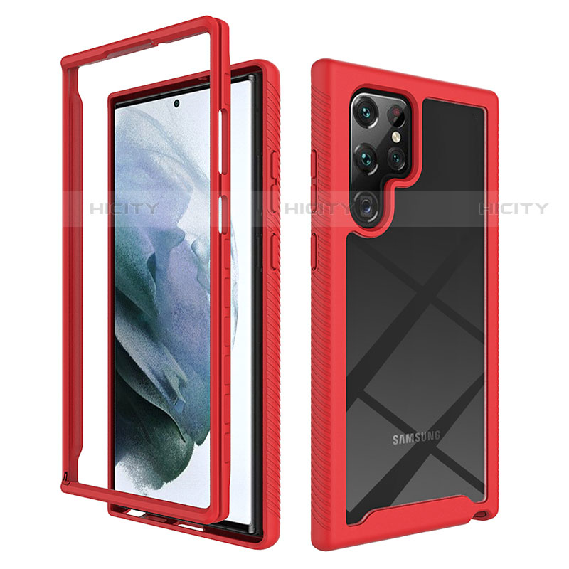 Coque Rebord Contour Silicone et Vitre Transparente Housse Etui 360 Degres M02 pour Samsung Galaxy S22 Ultra 5G Rouge Plus