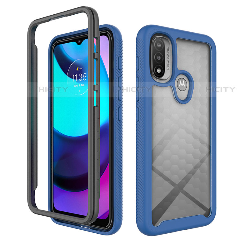 Coque Rebord Contour Silicone et Vitre Transparente Housse Etui 360 Degres pour Motorola Moto E30 Bleu Plus