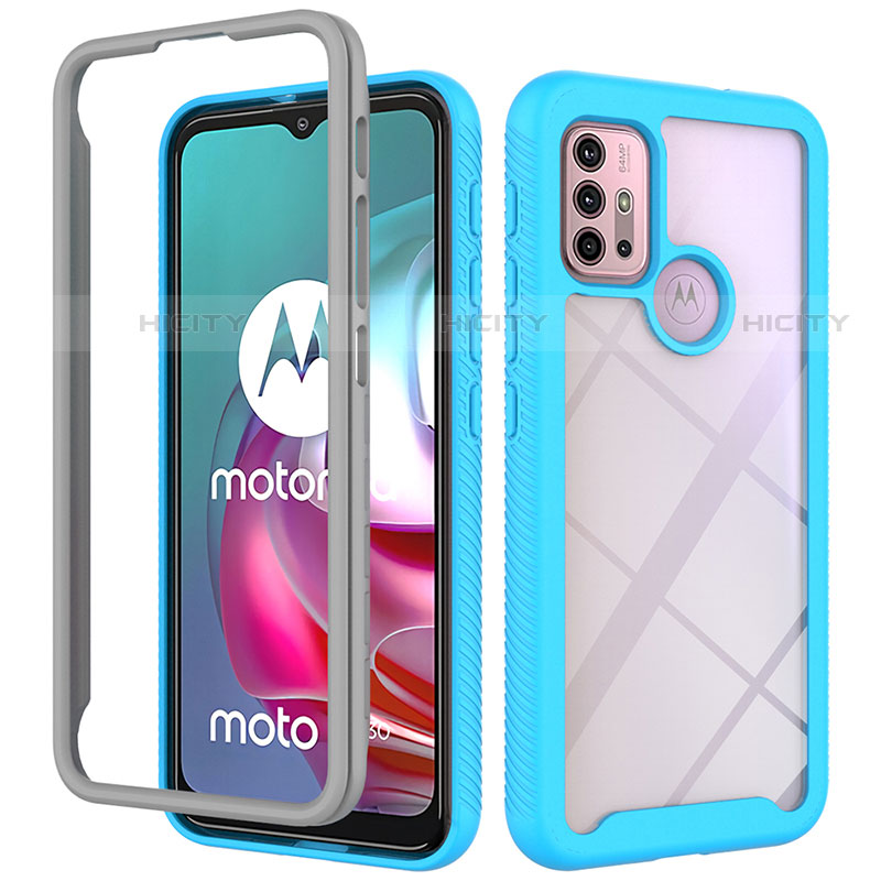 Coque Rebord Contour Silicone et Vitre Transparente Housse Etui 360 Degres pour Motorola Moto G10 Cyan Plus