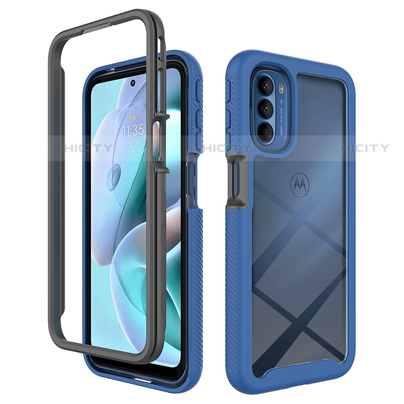 Coque Rebord Contour Silicone et Vitre Transparente Housse Etui 360 Degres pour Motorola Moto G31 Bleu Plus