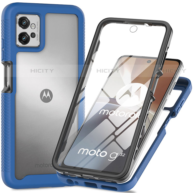 Coque Rebord Contour Silicone et Vitre Transparente Housse Etui 360 Degres pour Motorola Moto G32 Bleu Plus