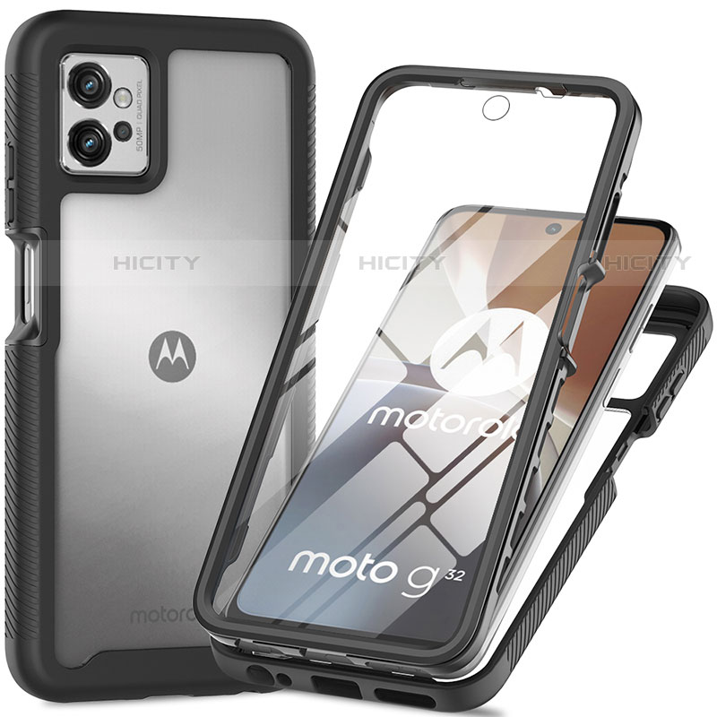 Coque Rebord Contour Silicone et Vitre Transparente Housse Etui 360 Degres pour Motorola Moto G32 Noir Plus