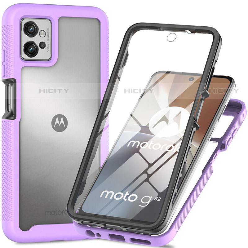 Coque Rebord Contour Silicone et Vitre Transparente Housse Etui 360 Degres pour Motorola Moto G32 Violet Plus