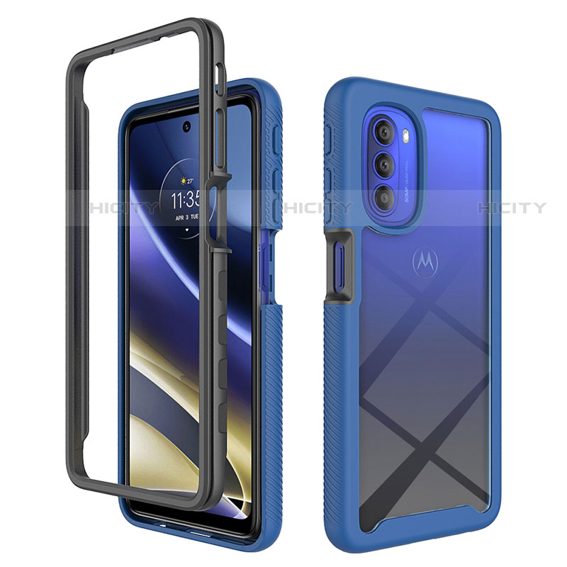 Coque Rebord Contour Silicone et Vitre Transparente Housse Etui 360 Degres pour Motorola Moto G51 5G Bleu Plus