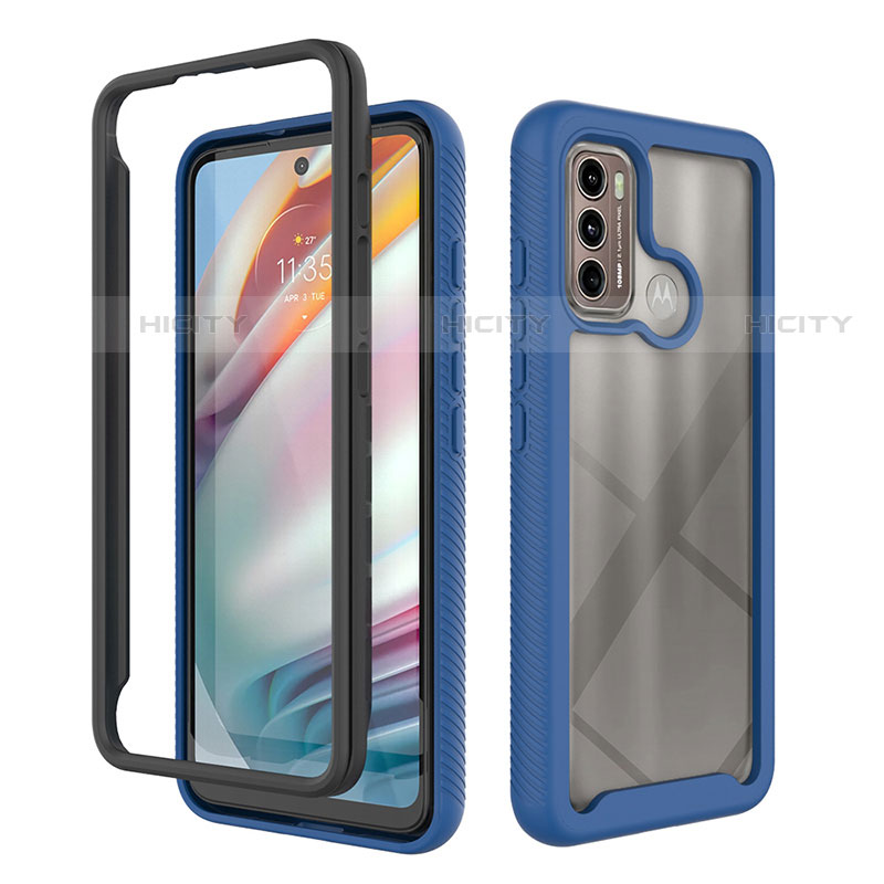 Coque Rebord Contour Silicone et Vitre Transparente Housse Etui 360 Degres pour Motorola Moto G60 Bleu Plus