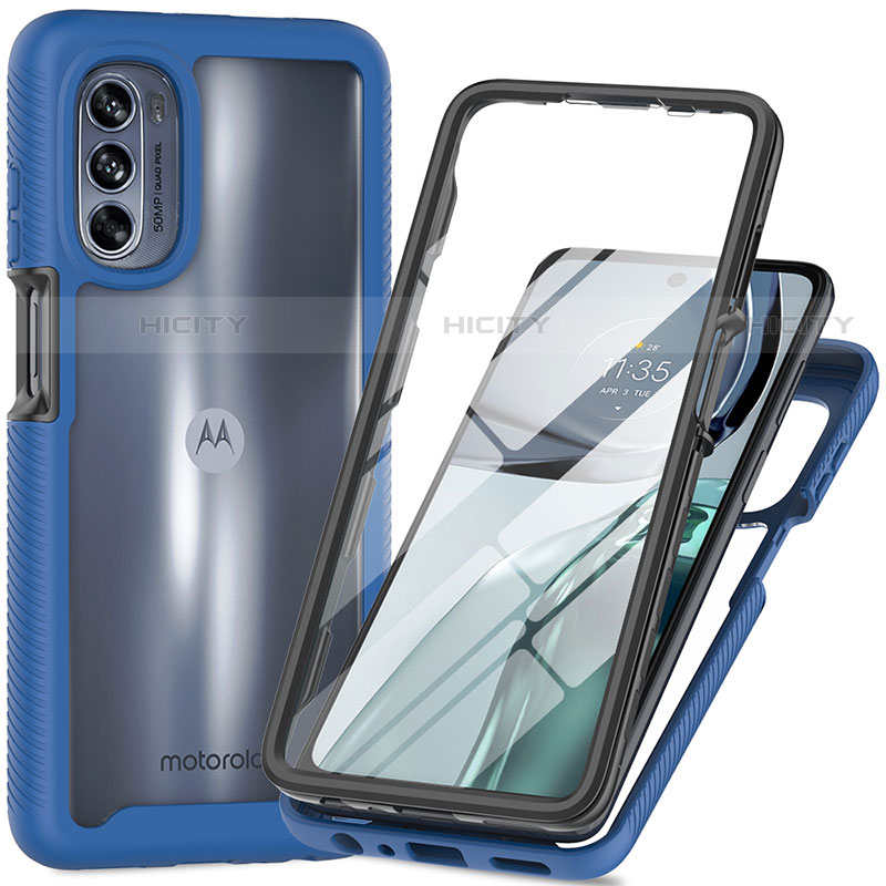 Coque Rebord Contour Silicone et Vitre Transparente Housse Etui 360 Degres pour Motorola Moto G62 5G Bleu Plus