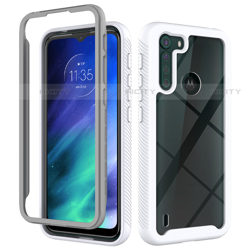 Coque Rebord Contour Silicone et Vitre Transparente Housse Etui 360 Degres pour Motorola Moto One Fusion Blanc Plus