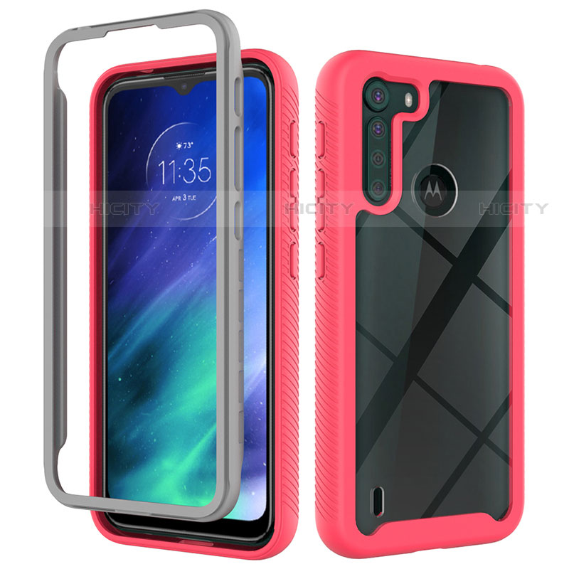 Coque Rebord Contour Silicone et Vitre Transparente Housse Etui 360 Degres pour Motorola Moto One Fusion Rose Rouge Plus