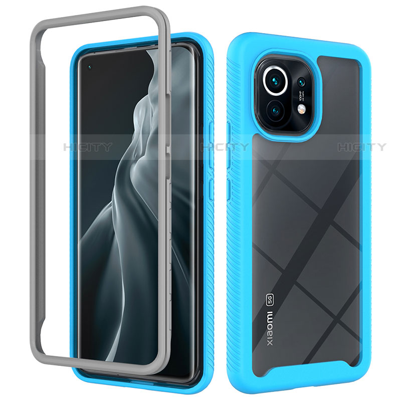 Coque Rebord Contour Silicone et Vitre Transparente Housse Etui 360 Degres pour Xiaomi Mi 11 Lite 4G Bleu Ciel Plus