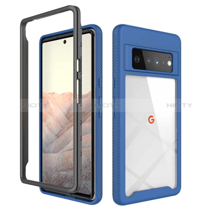 Coque Rebord Contour Silicone et Vitre Transparente Housse Etui 360 Degres ZJ1 pour Google Pixel 6 Pro 5G Bleu Plus