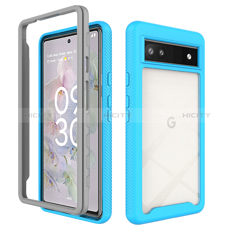 Coque Rebord Contour Silicone et Vitre Transparente Housse Etui 360 Degres ZJ1 pour Google Pixel 6a 5G Bleu Ciel Plus