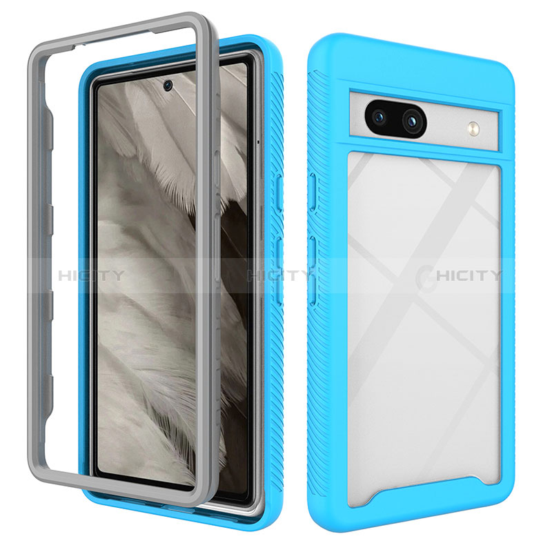 Coque Rebord Contour Silicone et Vitre Transparente Housse Etui 360 Degres ZJ1 pour Google Pixel 7a 5G Bleu Ciel Plus