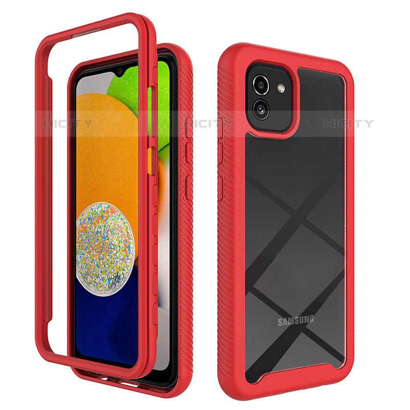 Coque Rebord Contour Silicone et Vitre Transparente Housse Etui 360 Degres ZJ1 pour Samsung Galaxy A03 Rouge Plus