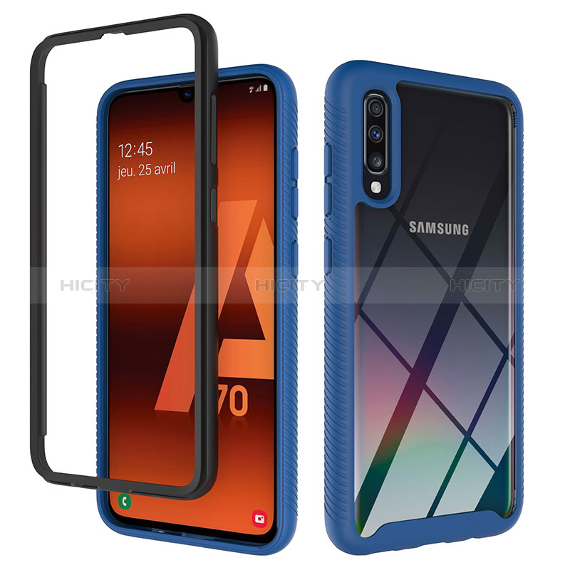 Coque Rebord Contour Silicone et Vitre Transparente Housse Etui 360 Degres ZJ1 pour Samsung Galaxy A70 Bleu Plus