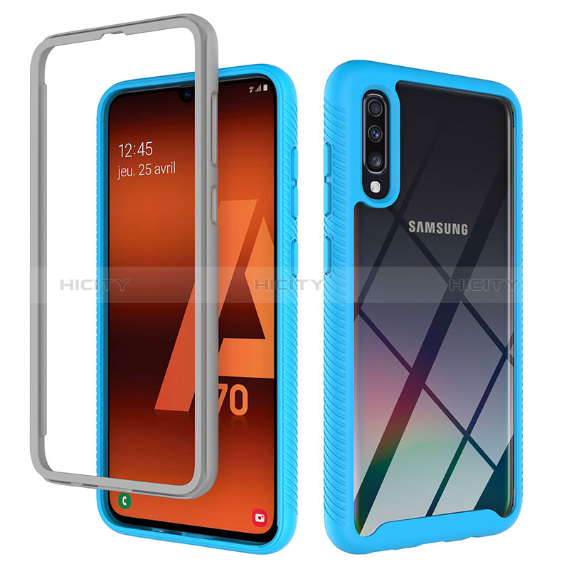 Coque Rebord Contour Silicone et Vitre Transparente Housse Etui 360 Degres ZJ1 pour Samsung Galaxy A70 Bleu Ciel Plus