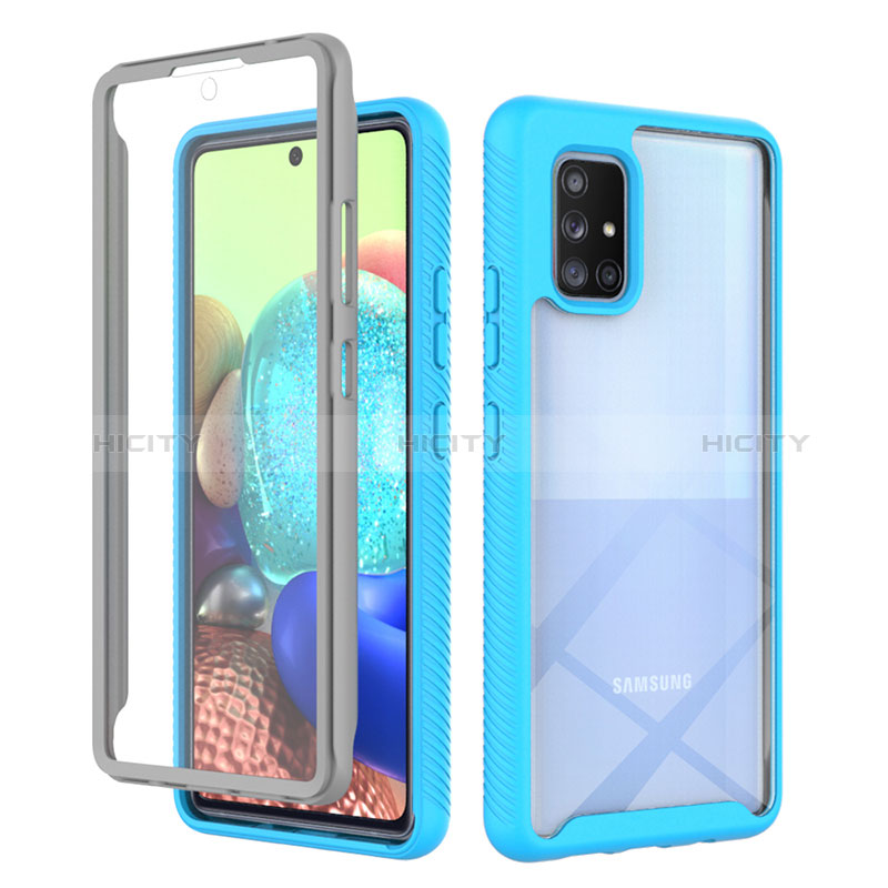 Coque Rebord Contour Silicone et Vitre Transparente Housse Etui 360 Degres ZJ1 pour Samsung Galaxy A71 4G A715 Bleu Ciel Plus