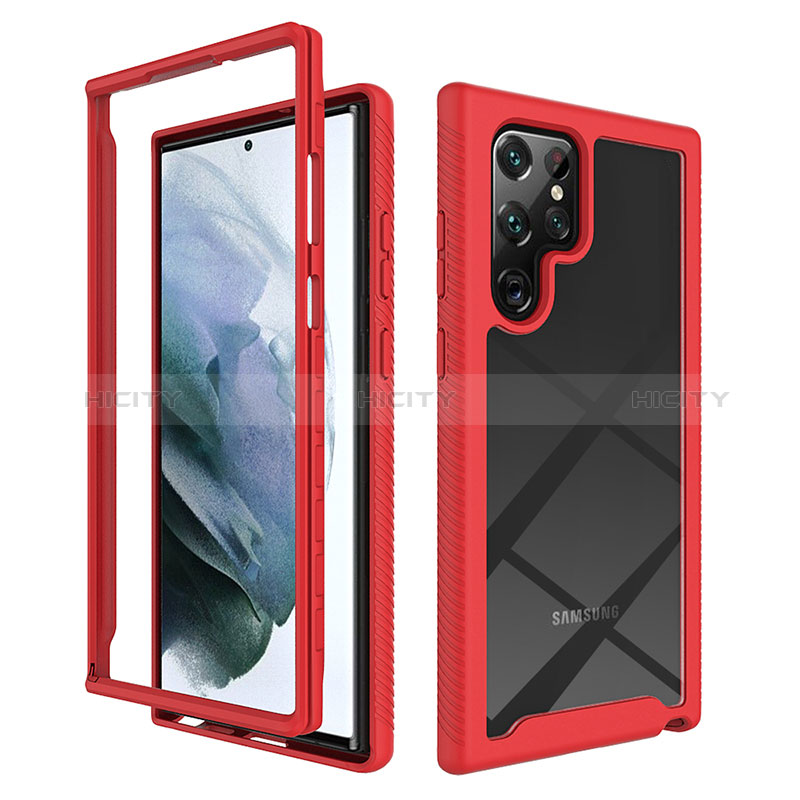 Coque Rebord Contour Silicone et Vitre Transparente Housse Etui 360 Degres ZJ1 pour Samsung Galaxy S22 Ultra 5G Rouge Plus