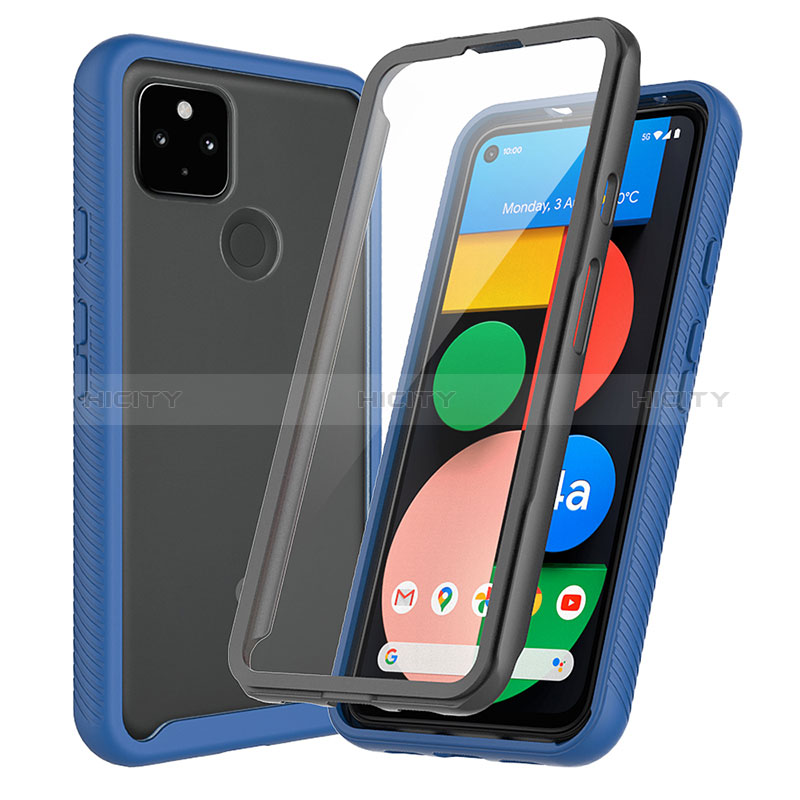 Coque Rebord Contour Silicone et Vitre Transparente Housse Etui 360 Degres ZJ3 pour Google Pixel 5a 5G Bleu Plus