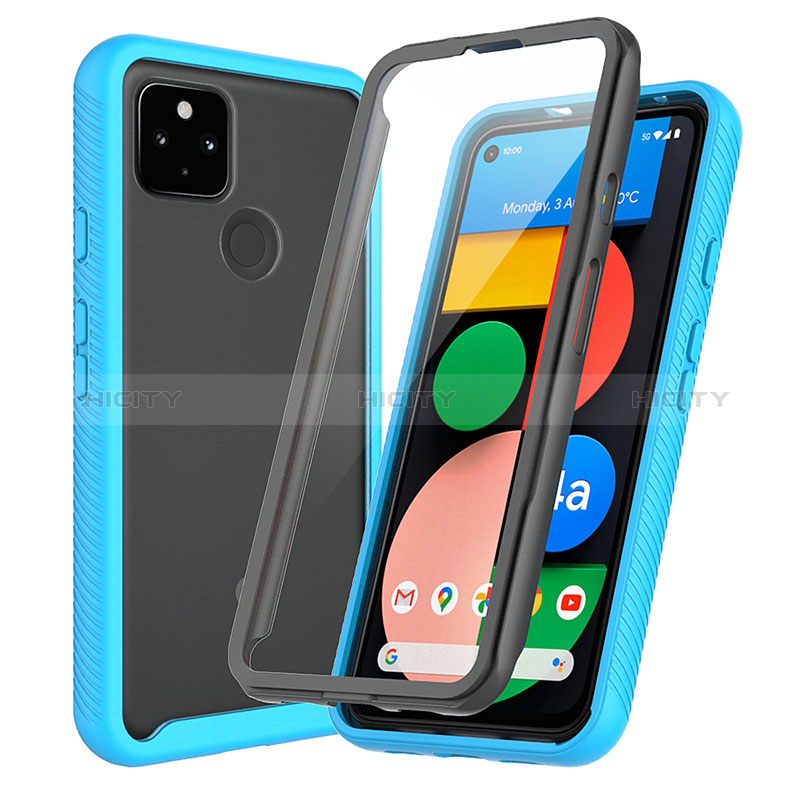 Coque Rebord Contour Silicone et Vitre Transparente Housse Etui 360 Degres ZJ3 pour Google Pixel 5a 5G Bleu Ciel Plus