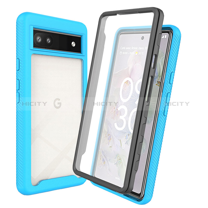 Coque Rebord Contour Silicone et Vitre Transparente Housse Etui 360 Degres ZJ3 pour Google Pixel 6a 5G Bleu Ciel Plus