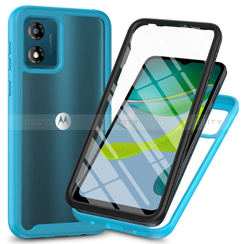 Coque Rebord Contour Silicone et Vitre Transparente Housse Etui 360 Degres ZJ3 pour Motorola Moto E13 Bleu Ciel Plus