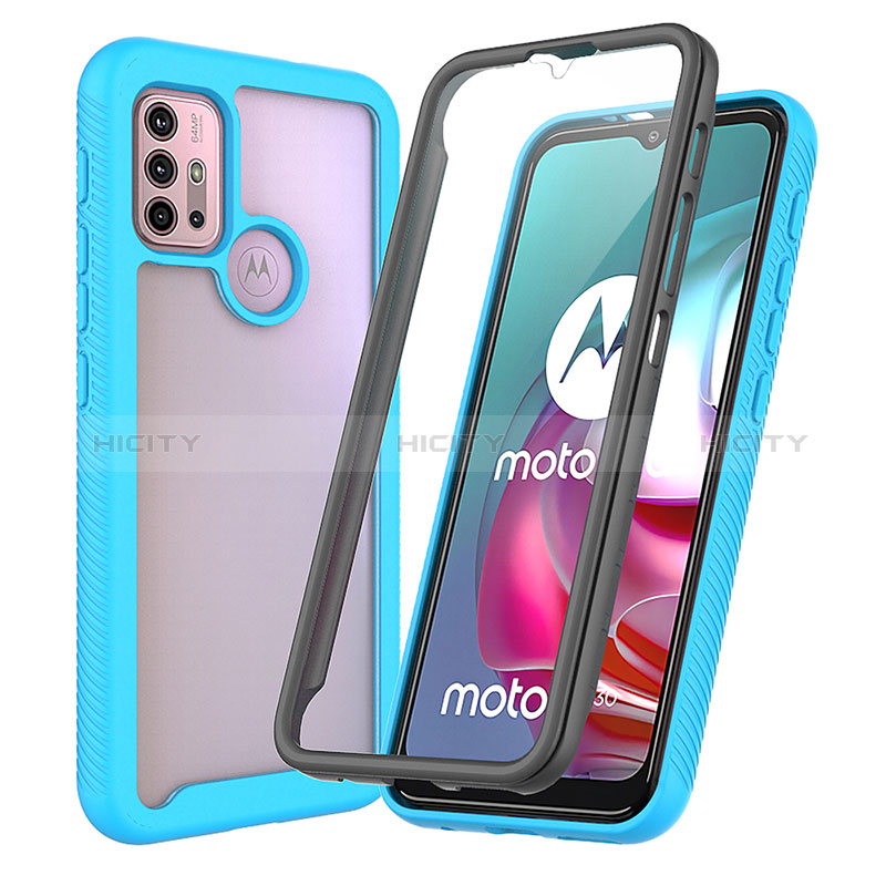 Coque Rebord Contour Silicone et Vitre Transparente Housse Etui 360 Degres ZJ3 pour Motorola Moto G10 Power Bleu Ciel Plus