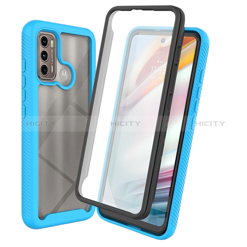 Coque Rebord Contour Silicone et Vitre Transparente Housse Etui 360 Degres ZJ3 pour Motorola Moto G60 Bleu Ciel Plus