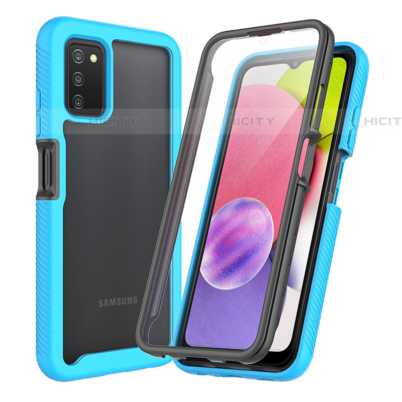 Coque Rebord Contour Silicone et Vitre Transparente Housse Etui 360 Degres ZJ3 pour Samsung Galaxy A03s Bleu Ciel Plus