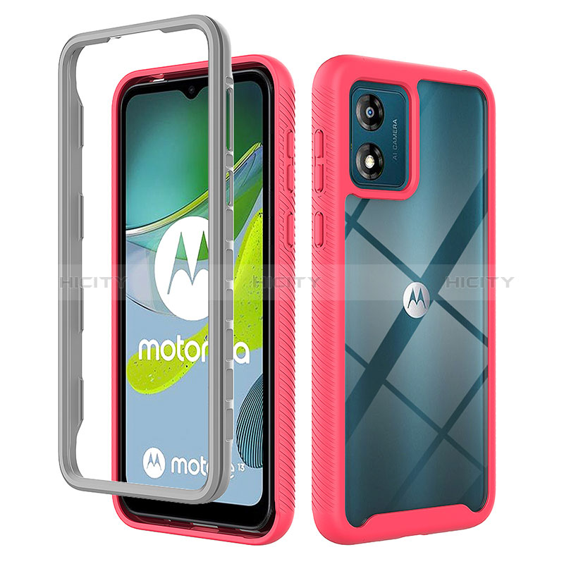 Coque Rebord Contour Silicone et Vitre Transparente Housse Etui 360 Degres ZJ4 pour Motorola Moto E13 Rose Rouge Plus