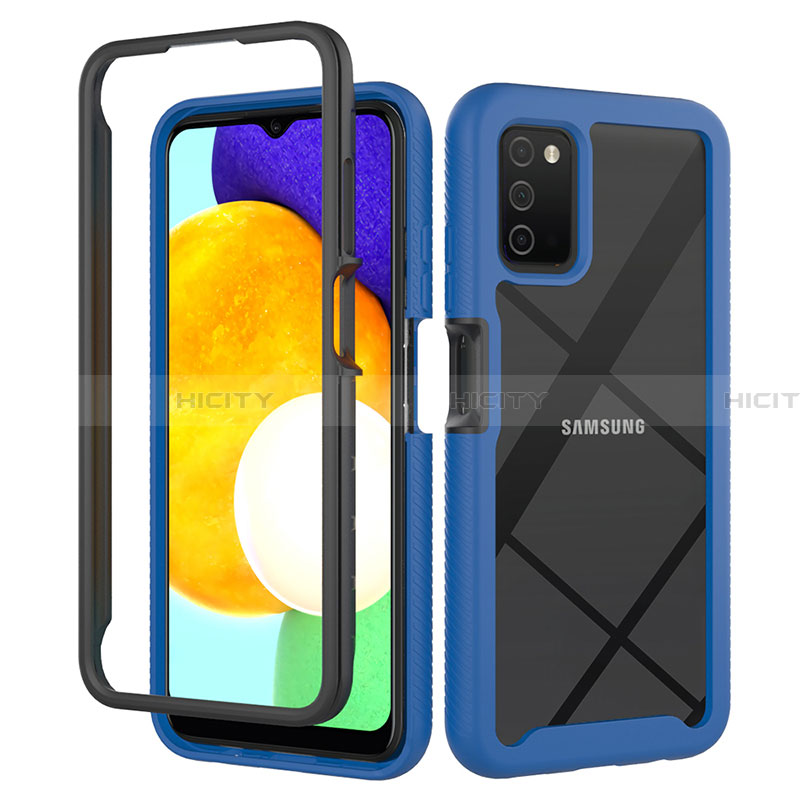 Coque Rebord Contour Silicone et Vitre Transparente Housse Etui 360 Degres ZJ5 pour Samsung Galaxy F02S SM-E025F Bleu Plus