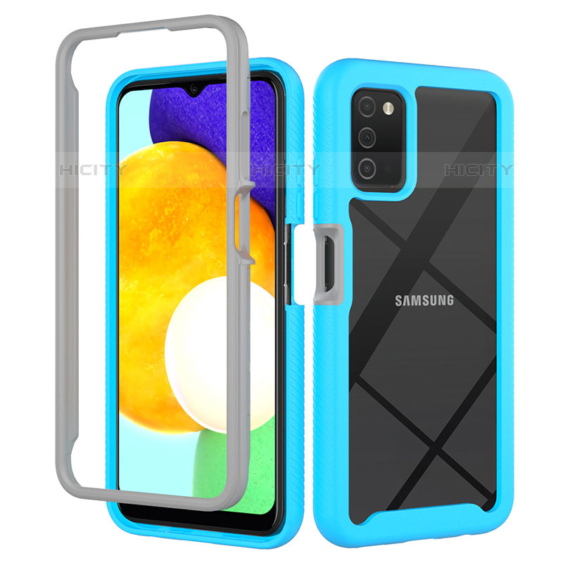 Coque Rebord Contour Silicone et Vitre Transparente Housse Etui 360 Degres ZJ5 pour Samsung Galaxy M02s Bleu Ciel Plus