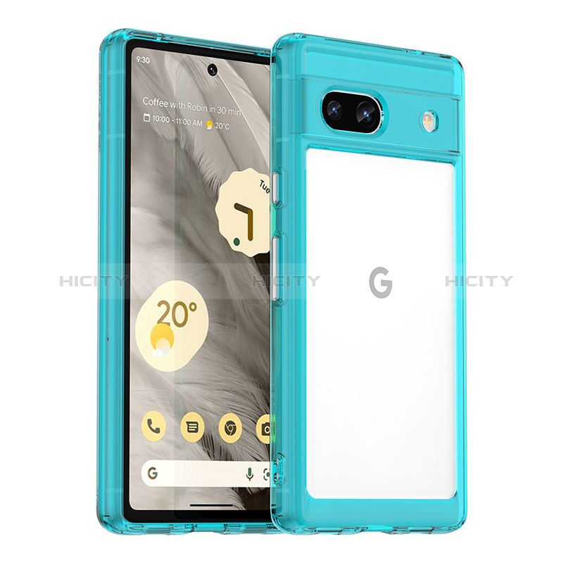 Coque Rebord Contour Silicone et Vitre Transparente Housse Etui J01S pour Google Pixel 7a 5G Bleu Plus