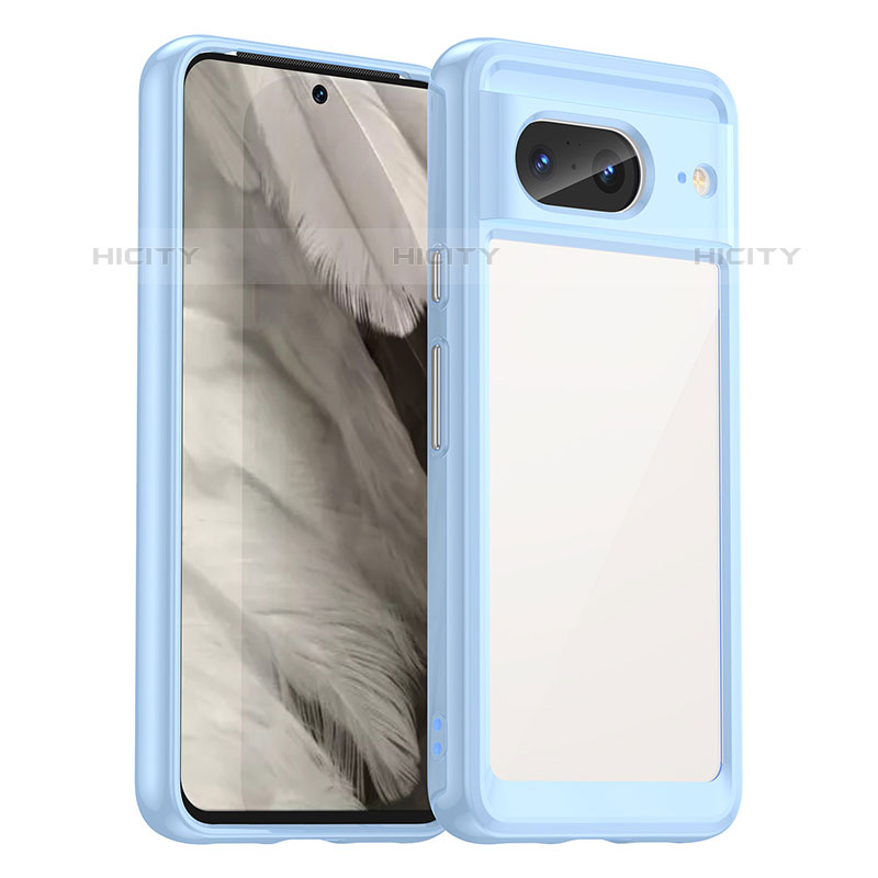 Coque Rebord Contour Silicone et Vitre Transparente Housse Etui J01S pour Google Pixel 8 5G Bleu Ciel Plus