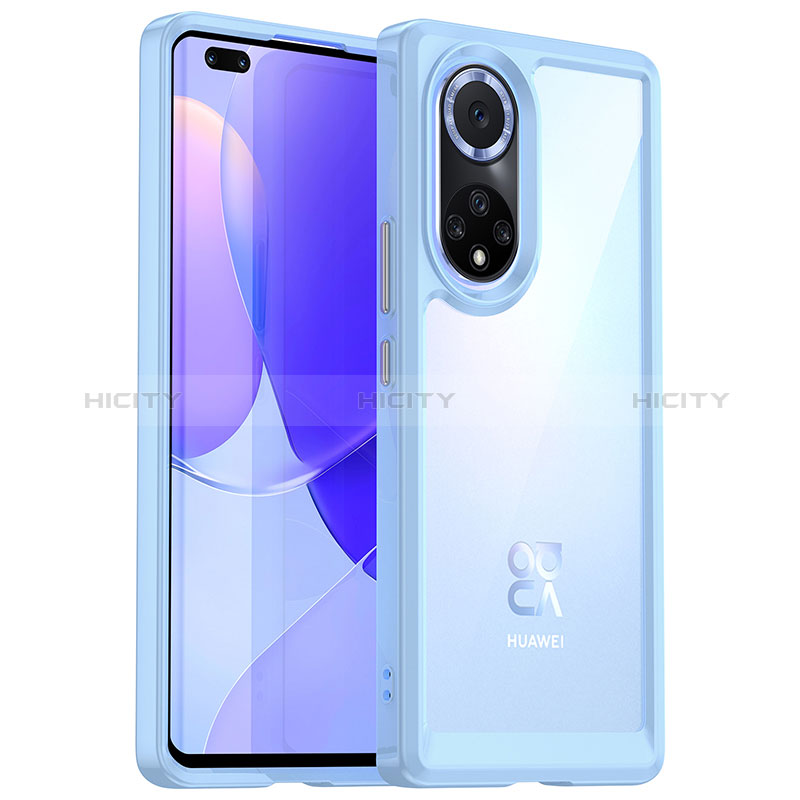 Coque Rebord Contour Silicone et Vitre Transparente Housse Etui J01S pour Huawei Honor 50 Pro 5G Bleu Ciel Plus