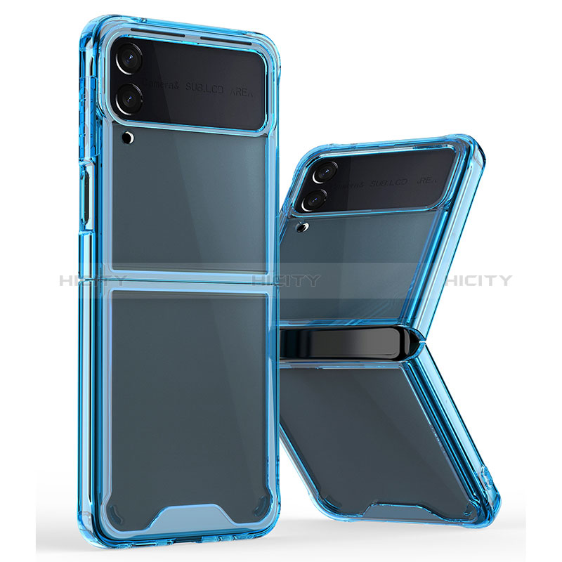 Coque Rebord Contour Silicone et Vitre Transparente Housse Etui P01 pour Samsung Galaxy Z Flip3 5G Bleu Plus