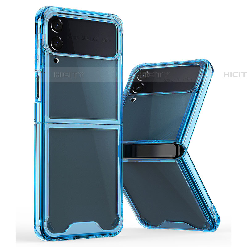 Coque Rebord Contour Silicone et Vitre Transparente Housse Etui P01 pour Samsung Galaxy Z Flip4 5G Bleu Plus