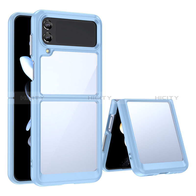 Coque Rebord Contour Silicone et Vitre Transparente Housse Etui pour Samsung Galaxy Z Flip3 5G Bleu Clair Plus