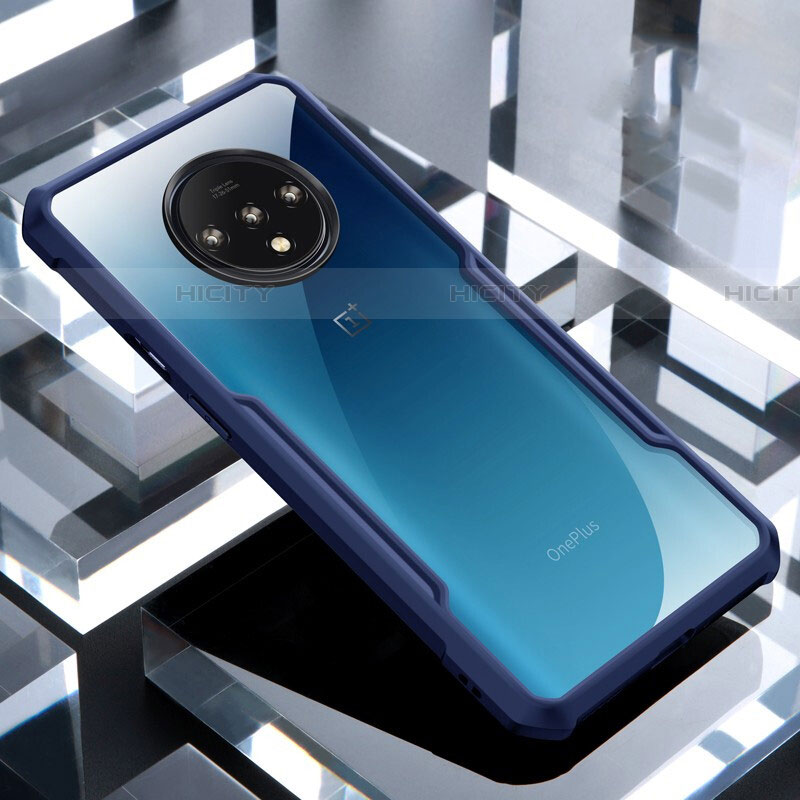 Coque Rebord Contour Silicone et Vitre Transparente Miroir Housse Etui H02 pour OnePlus 7T Bleu Plus