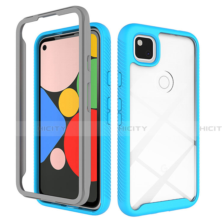 Coque Rebord Contour Silicone et Vitre Transparente Miroir Housse Etui M01 pour Google Pixel 4a Bleu Ciel Plus