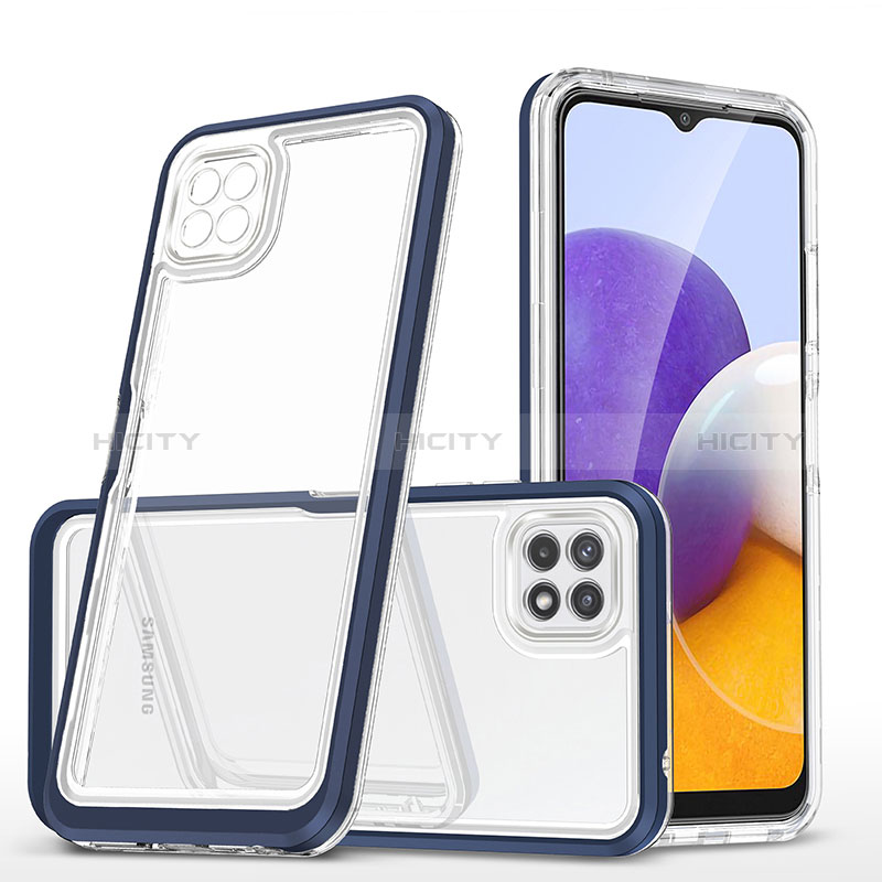 Coque Rebord Contour Silicone et Vitre Transparente Miroir Housse Etui MQ1 pour Samsung Galaxy A22s 5G Bleu Plus