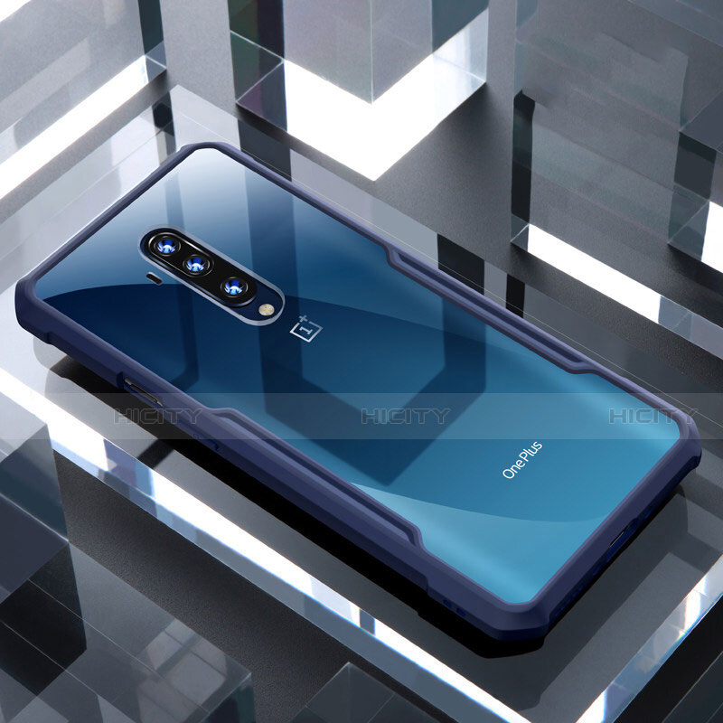 Coque Rebord Contour Silicone et Vitre Transparente Miroir Housse Etui pour OnePlus 7T Pro 5G Bleu Plus