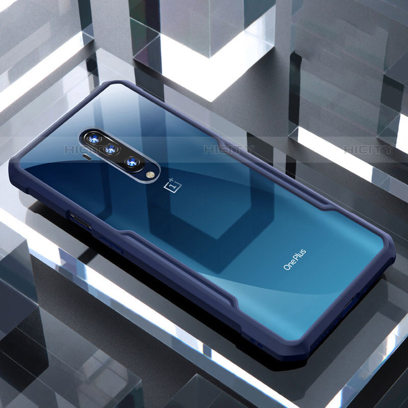 Coque Rebord Contour Silicone et Vitre Transparente Miroir Housse Etui pour OnePlus 7T Pro Bleu Plus