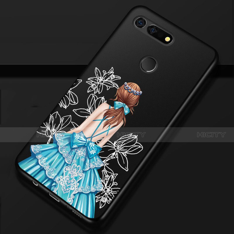 Coque Silicone Dos de Fille Souple Couleur Unie Etui Housse K02 pour Huawei Honor V20 Bleu et Noir Plus